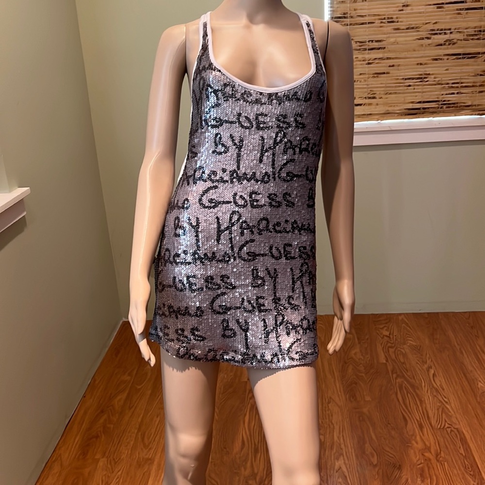 Guess By Marciano Gray Sequins Guess By Marciano Logo In Black Sequins Tank L